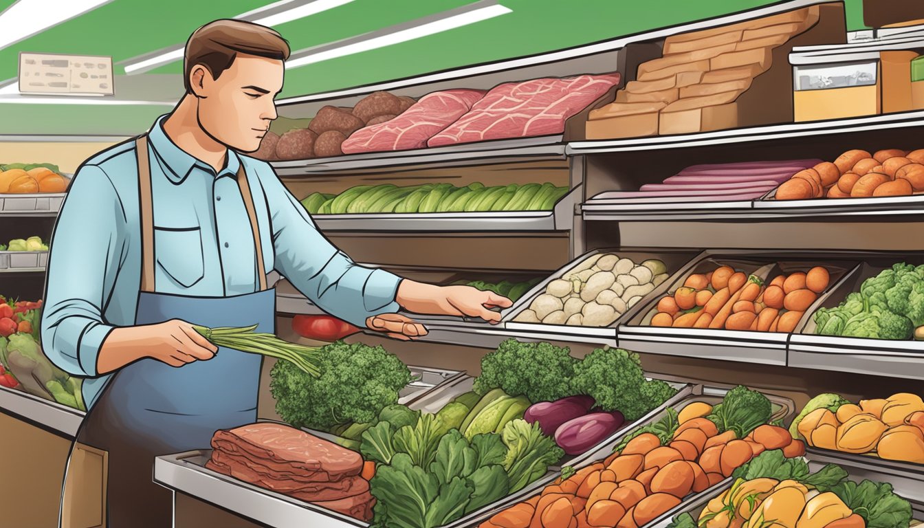 A person choosing fresh vegetables and lean meat from a grocery store display for a diabetic hamburger recipe