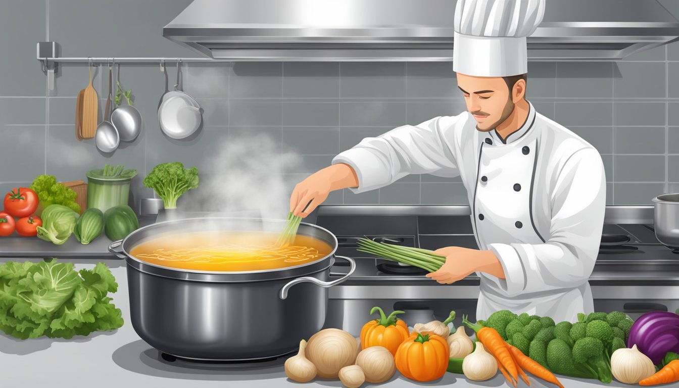 A chef carefully measures and mixes low-sodium broth, lean protein, and fresh vegetables in a large pot on the stove