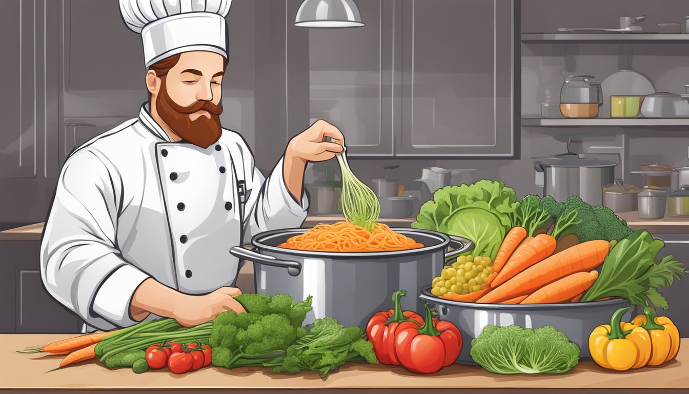 A chef expertly prepares a colorful array of vegetables and lean protein, simmering in a large pot of flavorful broth