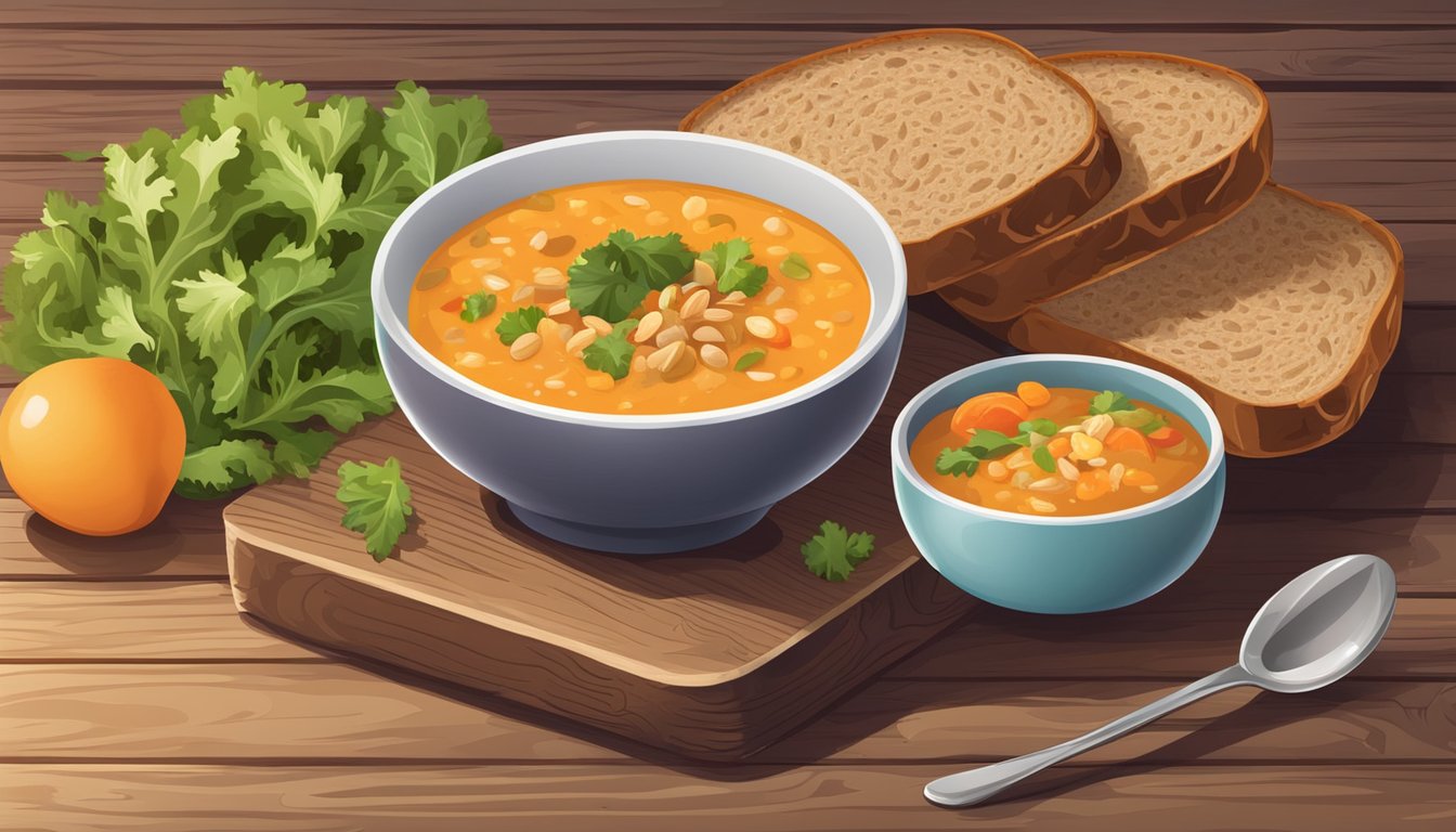 A bowl of diabetic soup with a side of whole grain bread and a colorful salad on a rustic wooden table