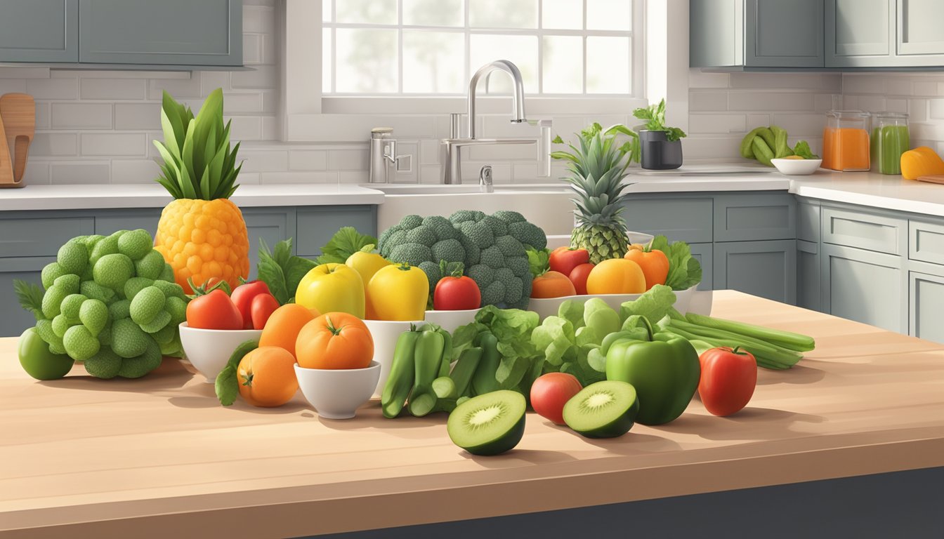 Fresh fruits and vegetables arranged on a clean kitchen counter, with a juicer and cutting board ready for preparation