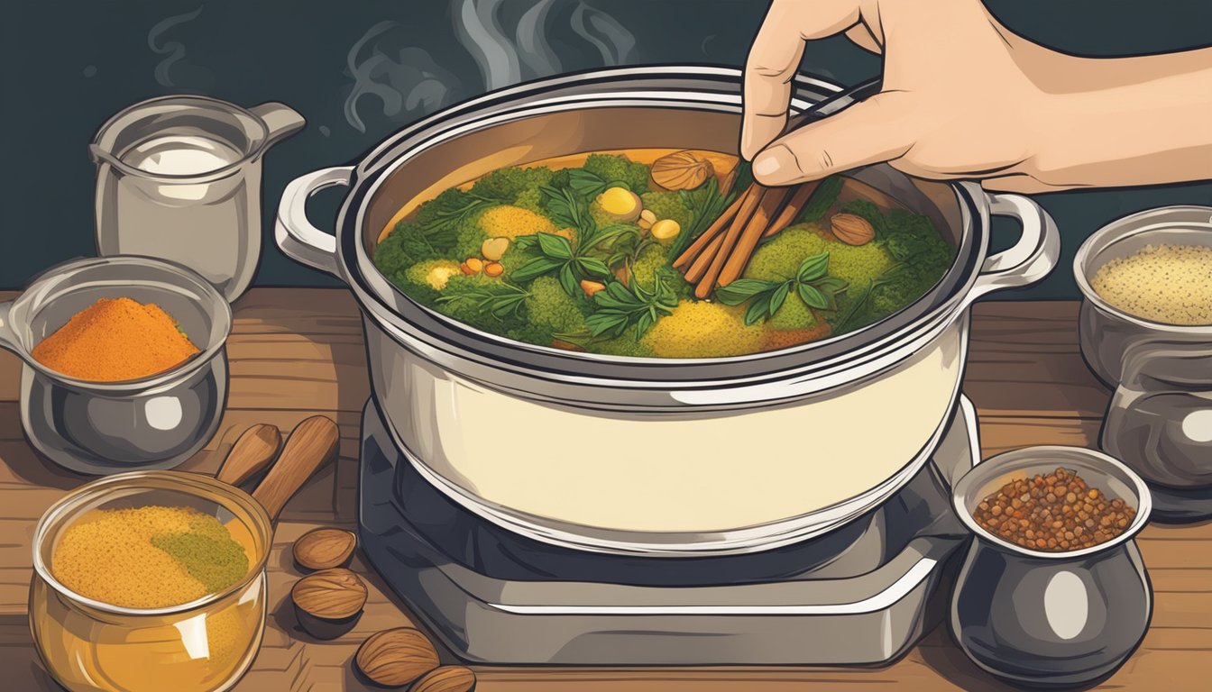 A hand adding spices to a pot of simmering soup