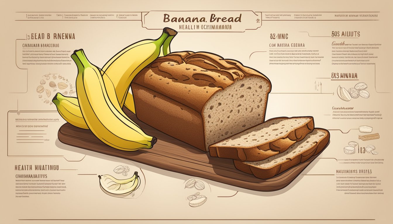 A loaf of banana bread surrounded by fresh bananas, walnuts, and cinnamon sticks, with a nutritional chart detailing the health benefits and nutrient profile