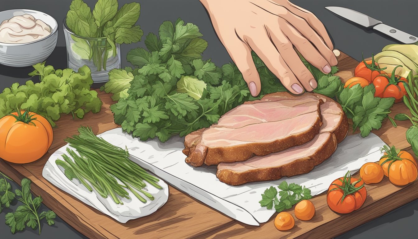 A hand reaching for a lean pork chop surrounded by fresh herbs and vegetables on a cutting board