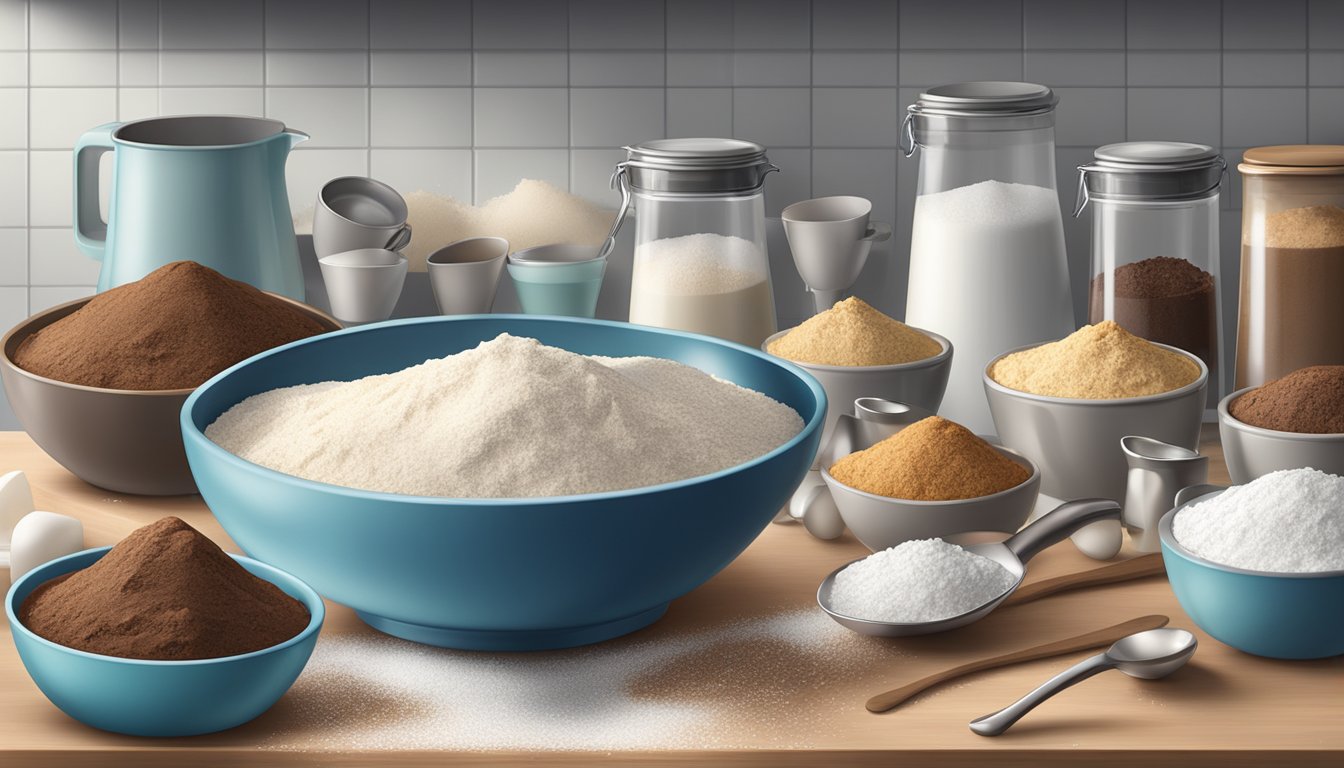 A kitchen counter with a mixing bowl filled with flour, sugar, and chocolate chips, surrounded by measuring cups and spoons