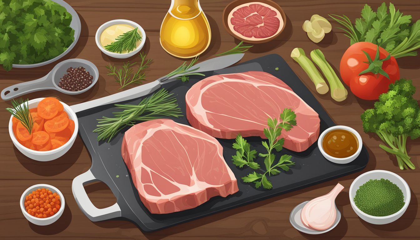 A cutting board with raw pork chops surrounded by seasonings and herbs, a skillet with olive oil, and a bowl of diced vegetables