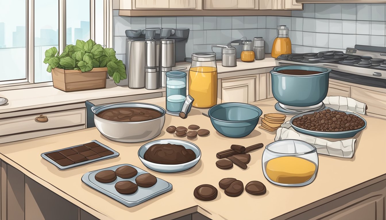 A kitchen counter with ingredients and utensils for making diabetic chocolate chip cookies