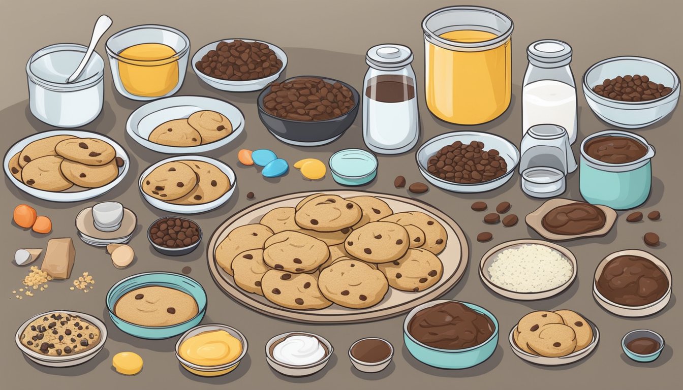 A kitchen counter with ingredients for diabetic chocolate chip cookies and various customization options spread out for preparation