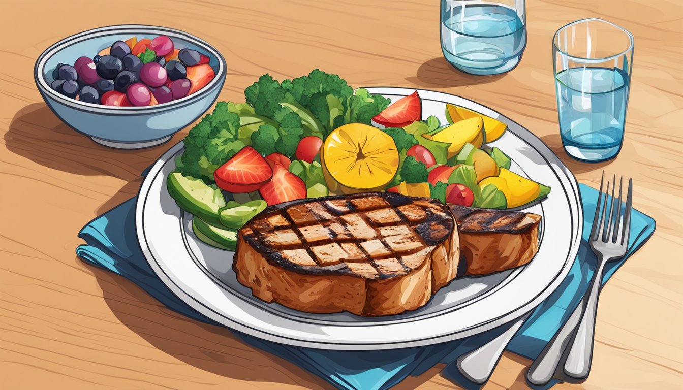 A plate of grilled pork chops with a side of steamed vegetables and a colorful fruit salad, accompanied by a glass of water