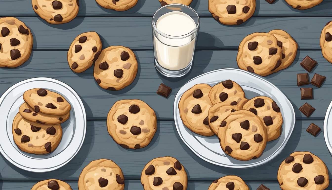 A plate of chocolate chip cookies with a glass of almond milk on a rustic wooden table