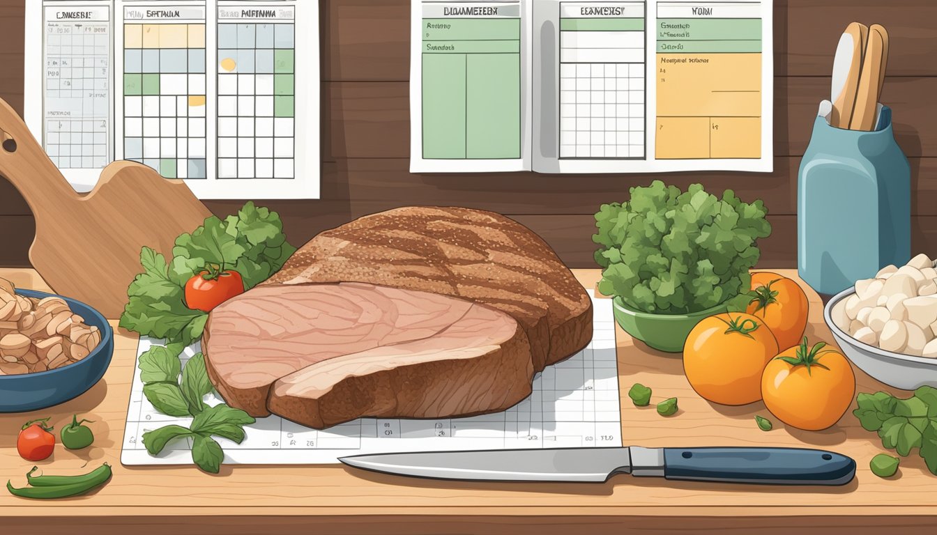 A kitchen counter with a cutting board, knife, and ingredients for diabetic pork chop recipe, surrounded by weekly meal planning calendar