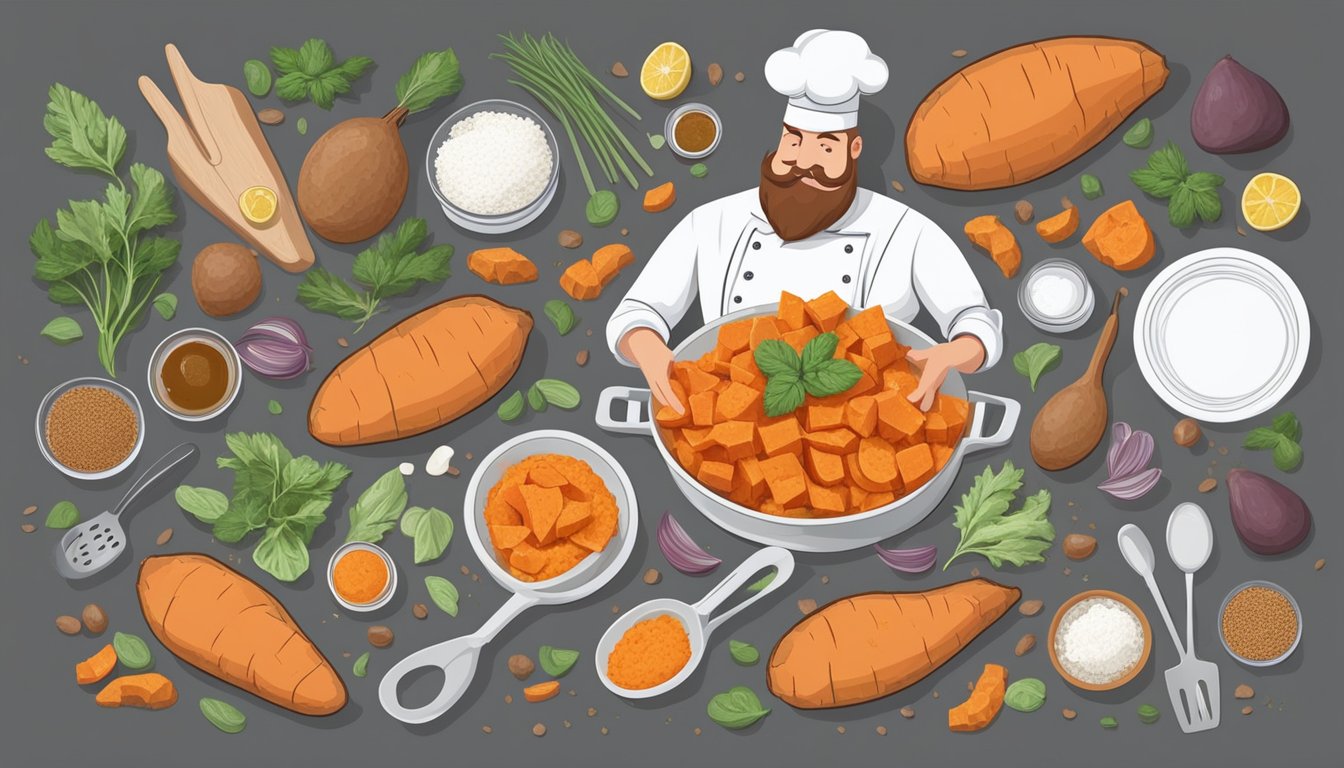 A chef expertly prepares a diabetic-friendly sweet potato dish, surrounded by fresh ingredients and cooking utensils