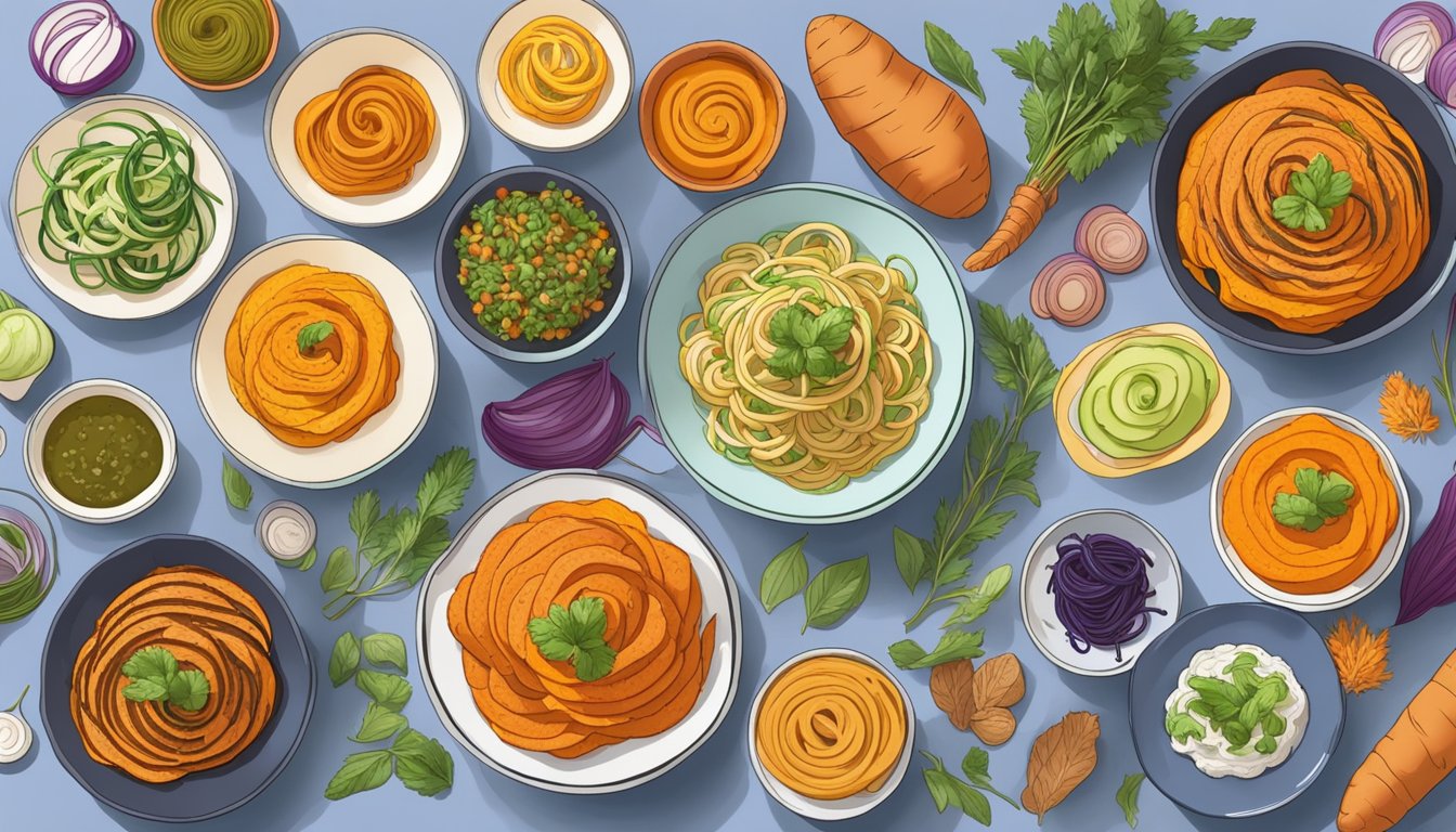 A variety of sweet potato dishes, including roasted, mashed, and spiralized, arranged on a table with colorful garnishes and herbs