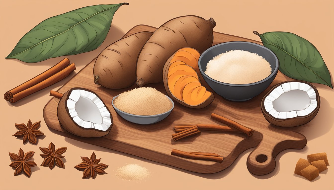 A cutting board with sweet potatoes, measuring cups of coconut oil and brown sugar, and a bowl of cinnamon and nutmeg