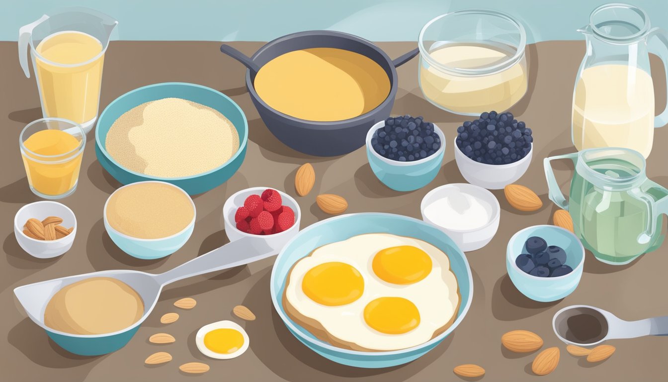 A kitchen counter with ingredients for diabetic pancakes, including almond flour, eggs, and berries. A measuring cup and mixing bowl are also present