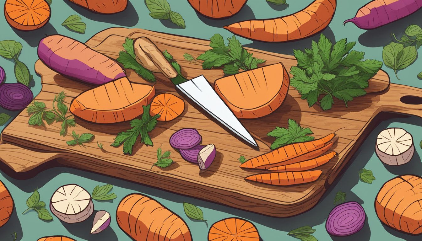 A colorful array of sweet potatoes, carrots, and herbs arranged on a wooden cutting board, with a chef's knife slicing through a sweet potato