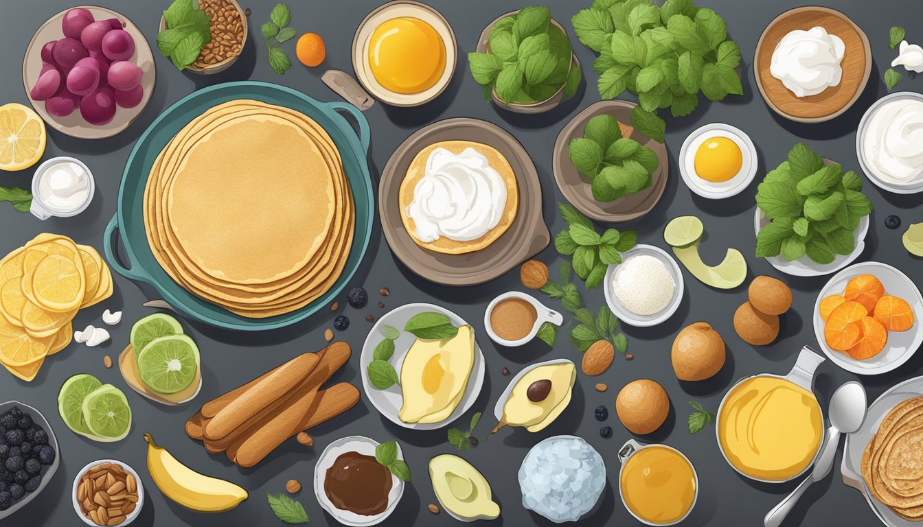 A kitchen counter with a variety of fresh, healthy ingredients laid out for a diabetic pancake recipe