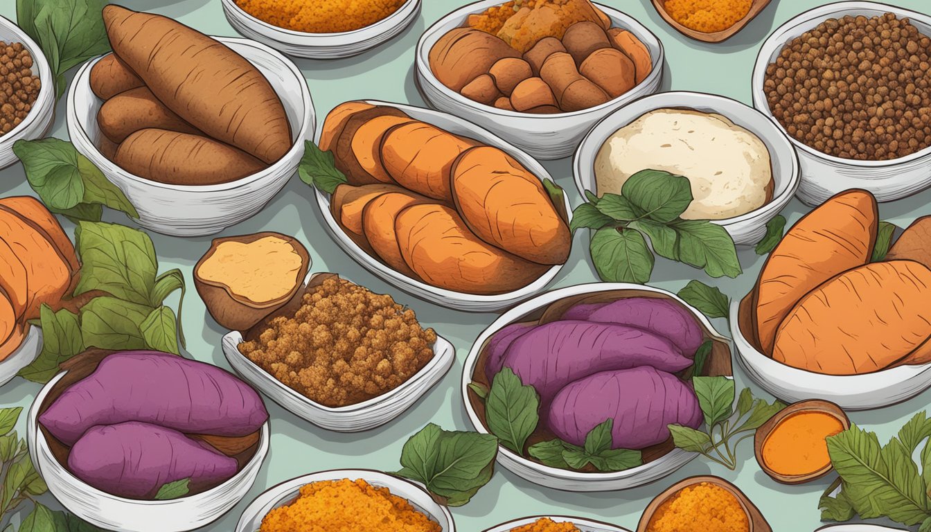 A colorful array of sweet potatoes, surrounded by various cultural ingredients and spices