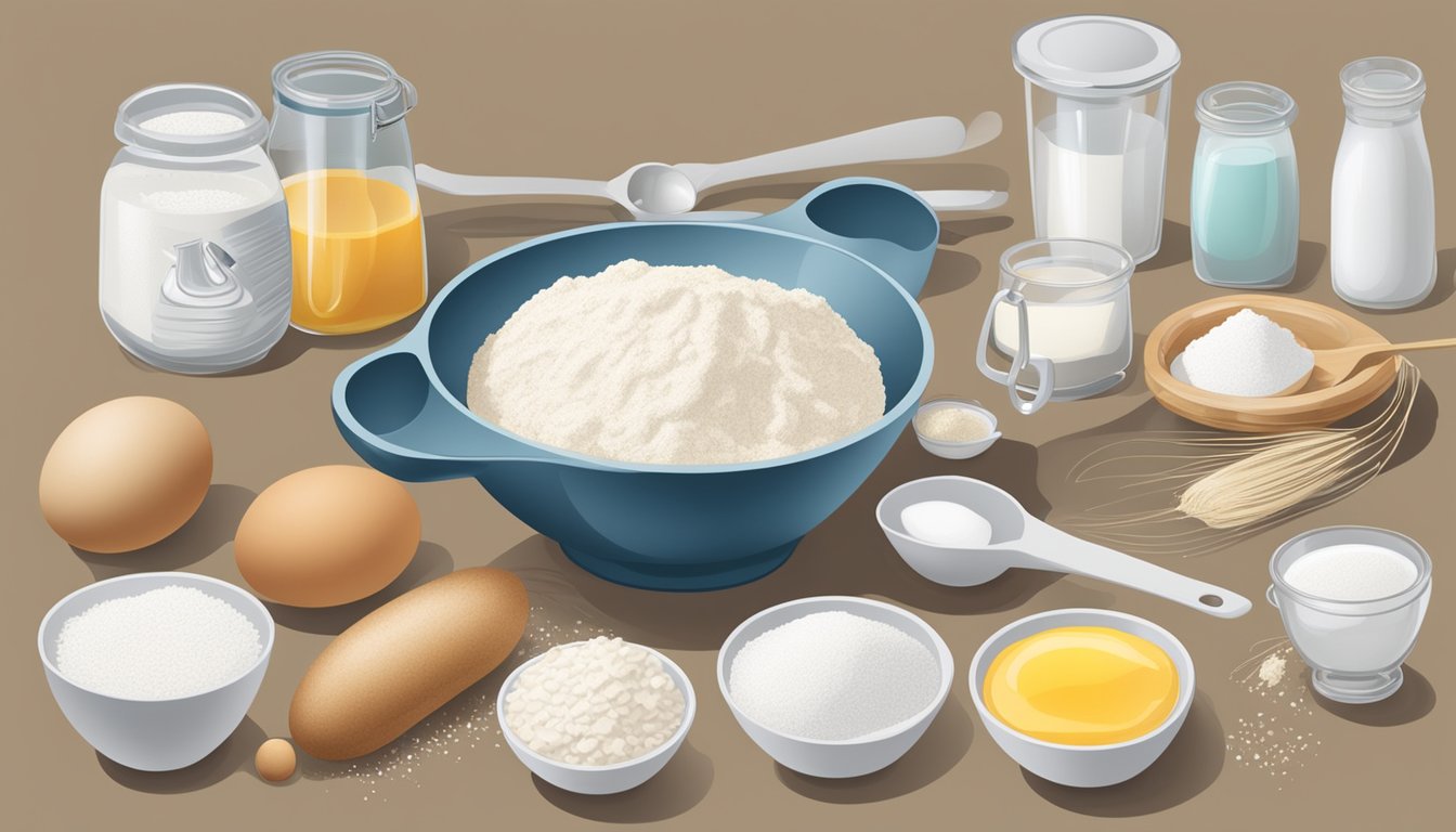 A mixing bowl filled with flour, eggs, milk, and sweetener, surrounded by a whisk, measuring cups, and a recipe book