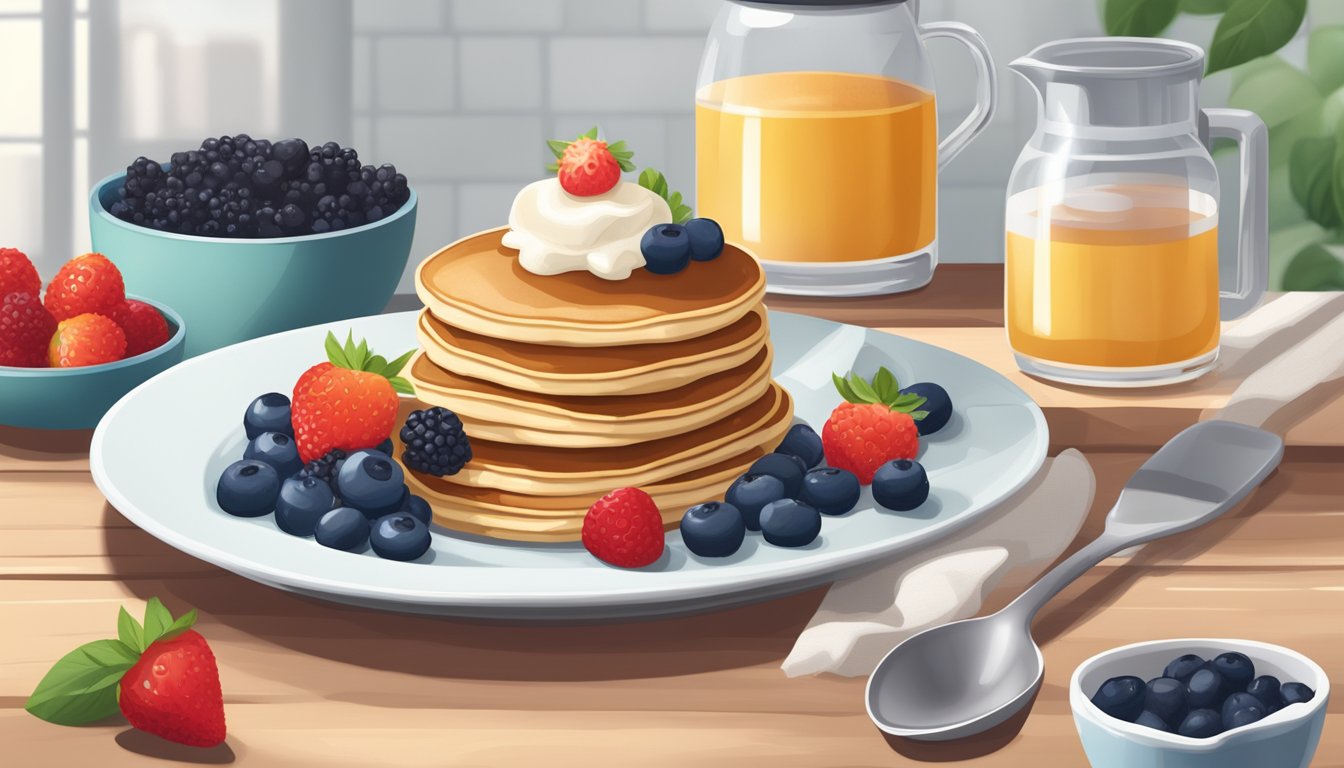 A kitchen counter with a stack of sugar-free pancakes topped with fresh berries and sugar-free syrup, surrounded by ingredients like almond flour and sugar substitute