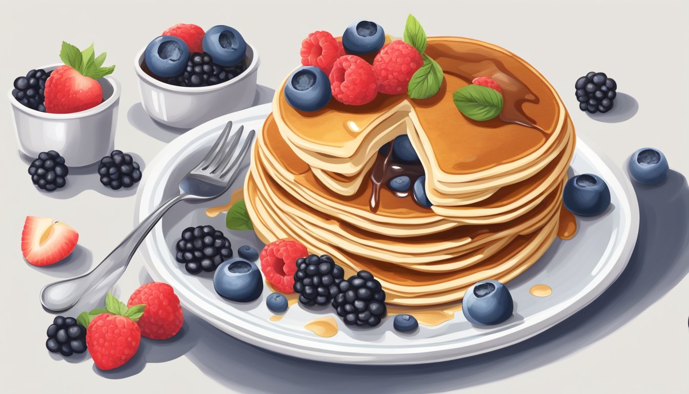 A stack of fluffy pancakes topped with fresh berries and a drizzle of sugar-free syrup, served on a plate with a side of sliced almonds and a dollop of Greek yogurt