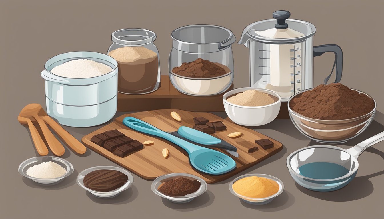 A kitchen counter with ingredients and utensils for baking diabetic brownies. Mixing bowl, measuring cups, cocoa powder, almond flour, and a baking pan