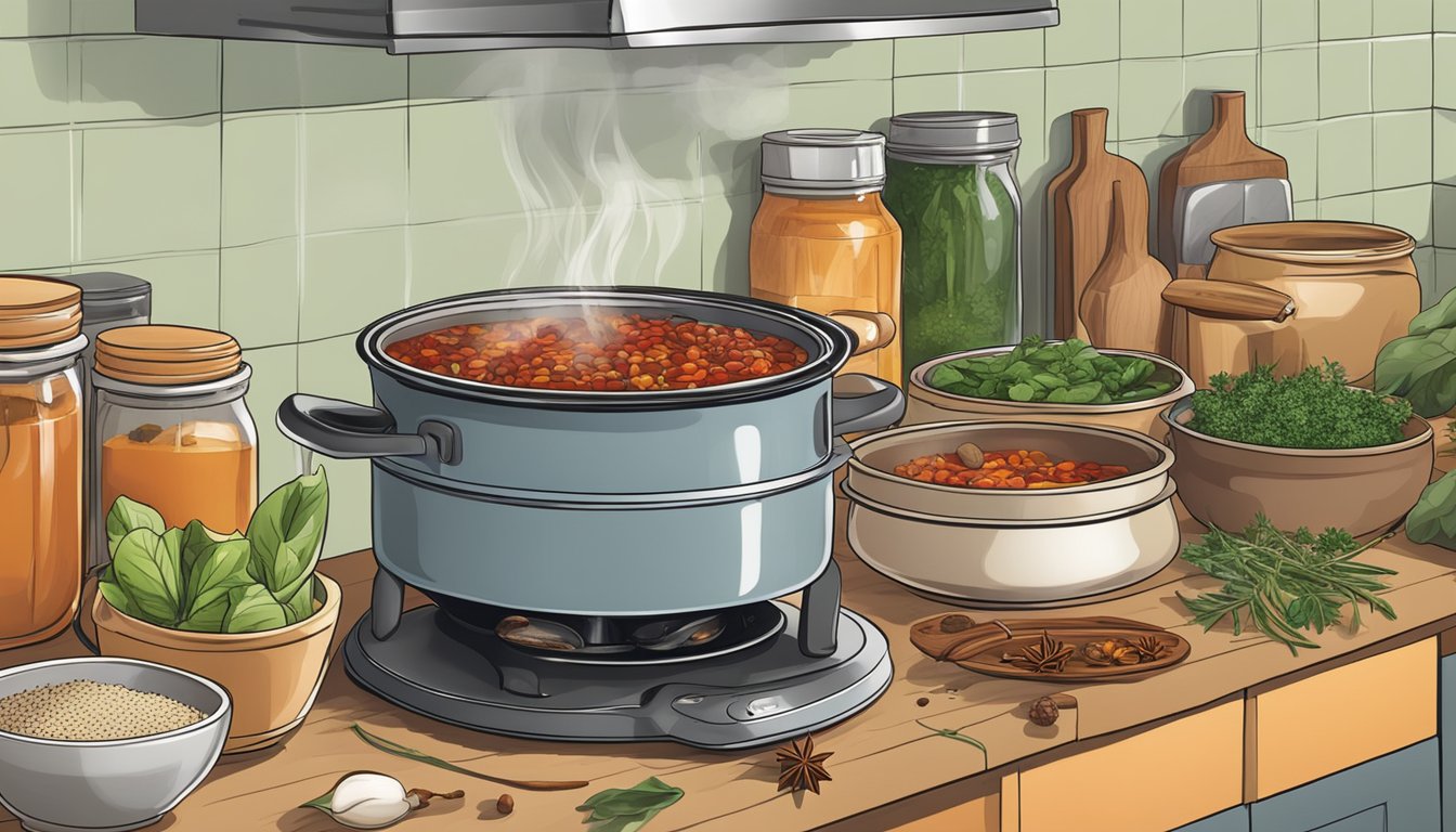 A steaming pot of chili simmering on the stove, surrounded by bowls of spices and herbs ready to be added for flavor enhancement