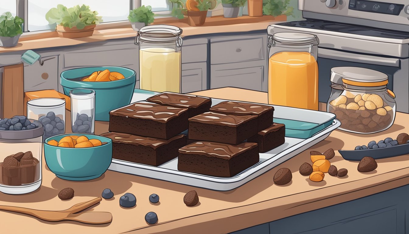 A kitchen counter with a tray of freshly baked brownies, surrounded by various storage containers and ingredients for a diabetic-friendly recipe