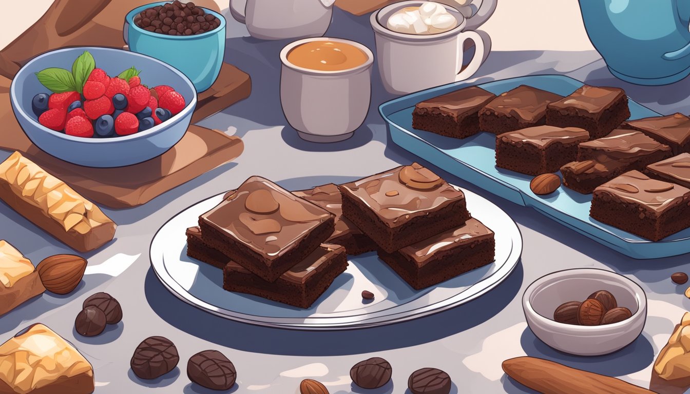 A plate of freshly baked brownies surrounded by a variety of diabetic-friendly ingredients such as sugar substitutes, nuts, and berries