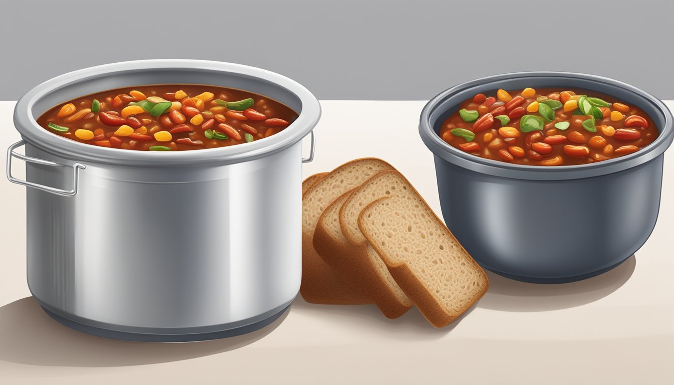 A bowl of chili with a side of whole grain bread, stored in airtight containers in the fridge