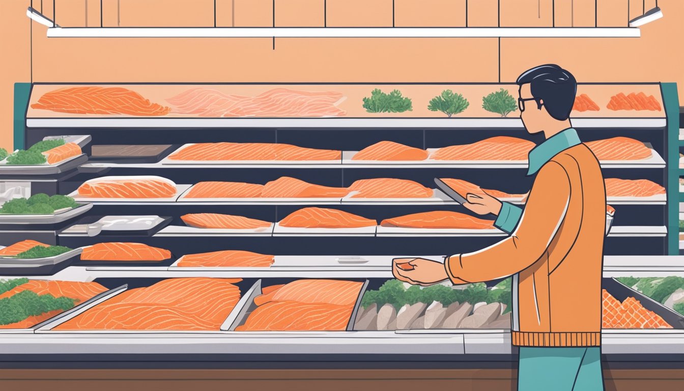 A person carefully choosing fresh salmon from a display at a grocery store