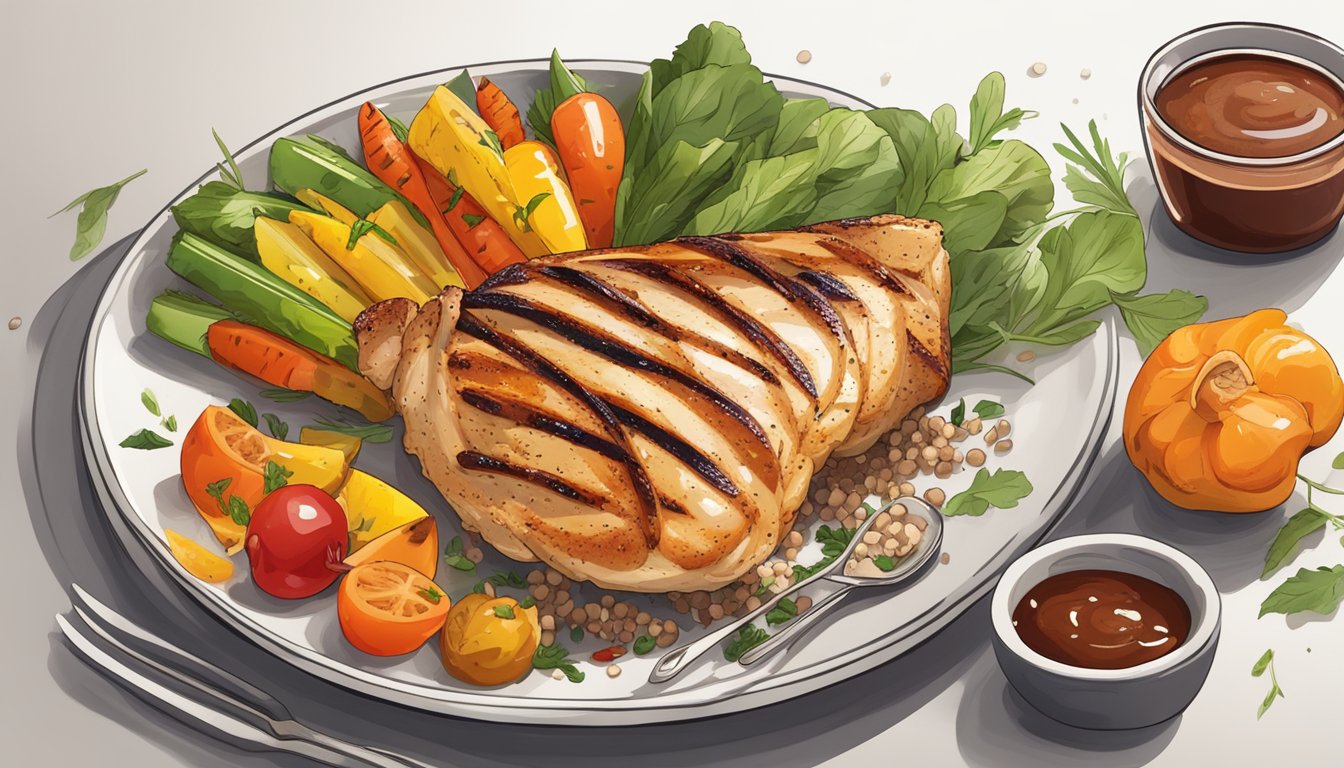 A plate of grilled chicken breast surrounded by colorful vegetables and herbs, with a side of quinoa and a small dish of sugar-free barbecue sauce