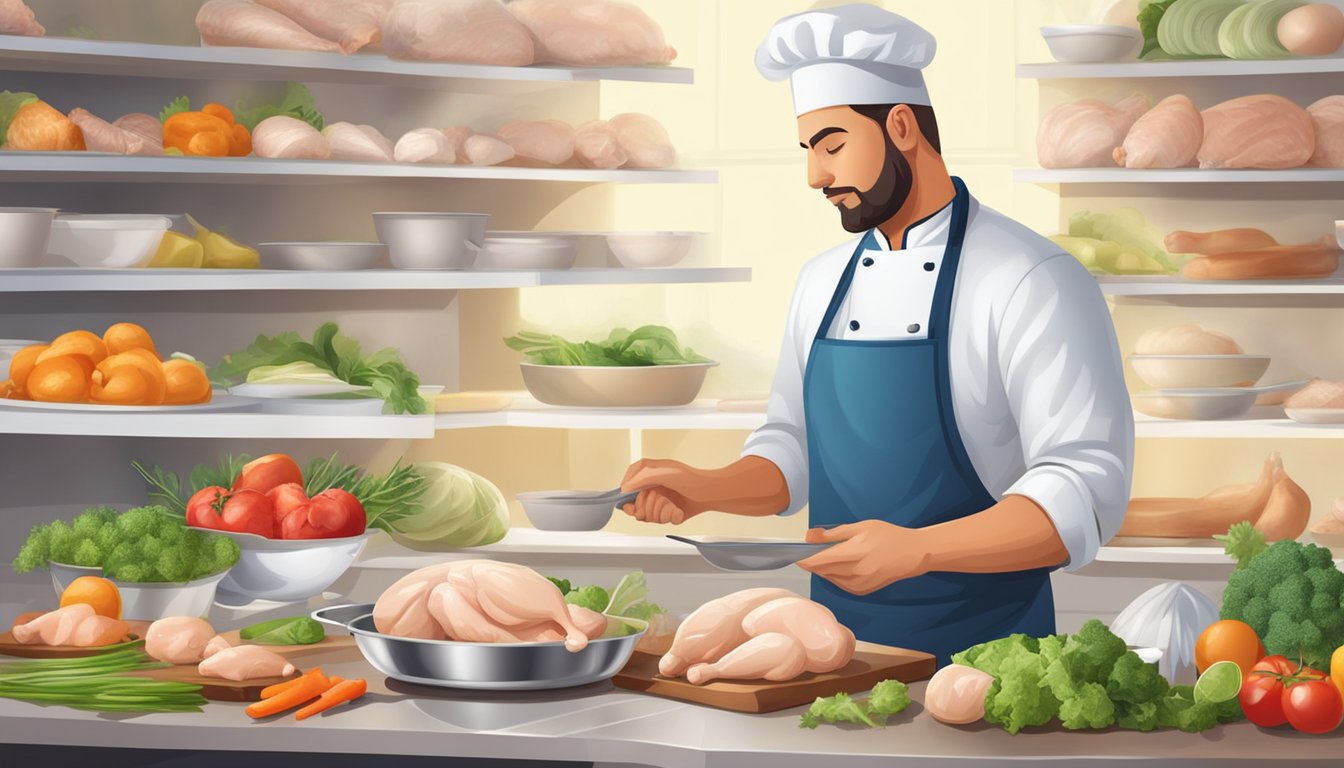 A chef carefully selects fresh chicken breast and healthy ingredients for a diabetic-friendly recipe