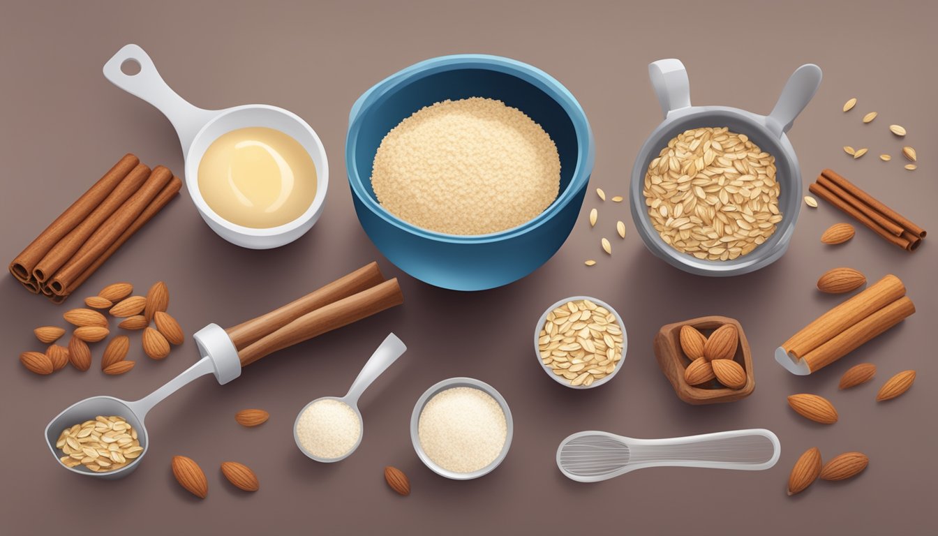 A table with a mixing bowl, measuring cups, oats, almond flour, cinnamon, and a sweetener