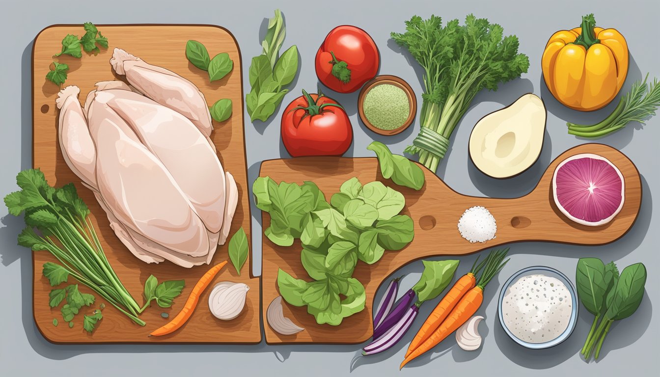 A cutting board with chicken breast, colorful vegetables, and a variety of flavorful herbs and spices arranged neatly next to a list of diabetic-friendly ingredient substitutes