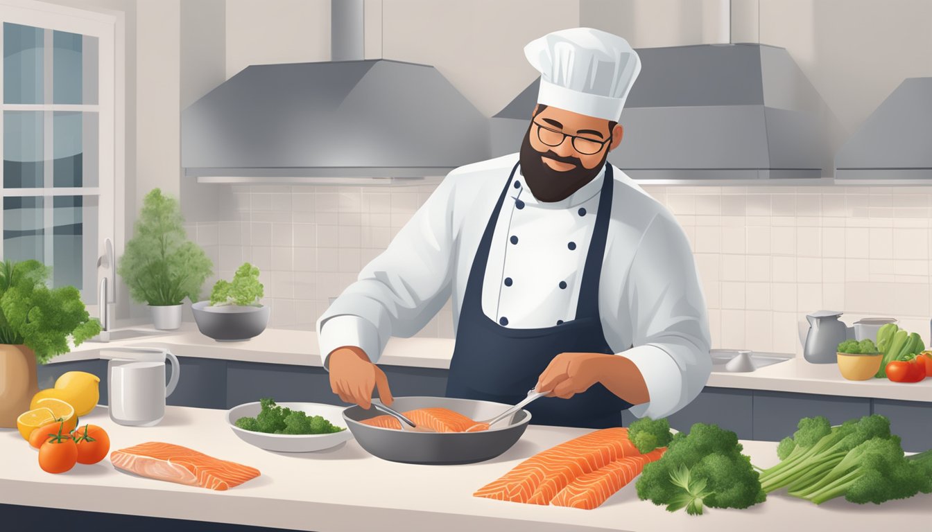 A chef preparing diabetic-friendly salmon recipe with fresh ingredients on a clean kitchen counter