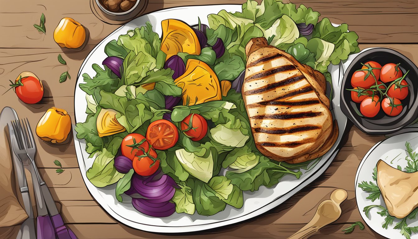 A colorful array of roasted vegetables and a fresh salad accompany a perfectly grilled chicken breast