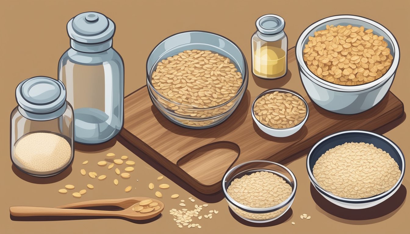 A kitchen counter with various ingredients and utensils laid out for baking oatmeal cookies, including a bowl of oats, a measuring cup, and a jar of sugar substitute