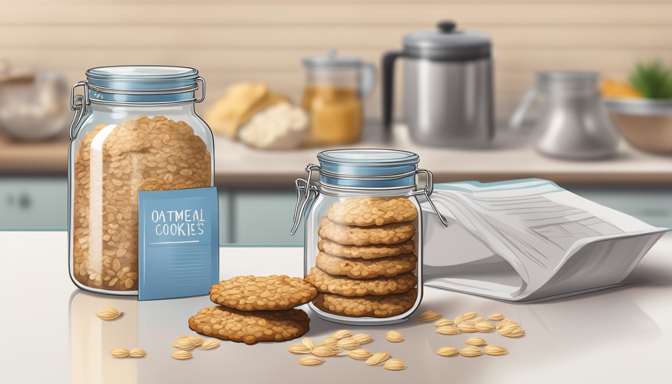 A glass jar filled with oatmeal cookies, next to a recipe card and a measuring cup of oats