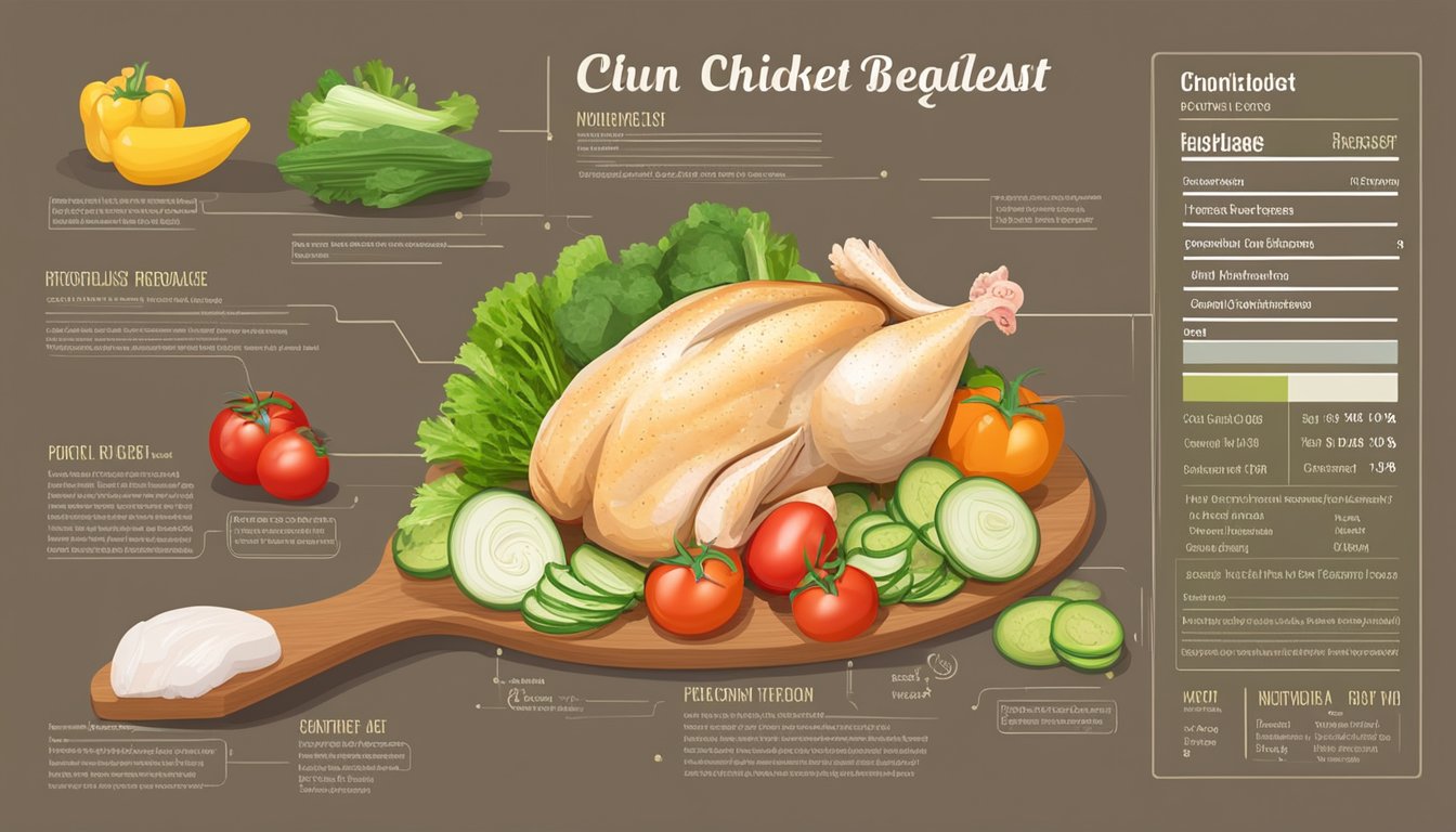 A chicken breast with a variety of fresh vegetables and a nutritional information label displayed next to it