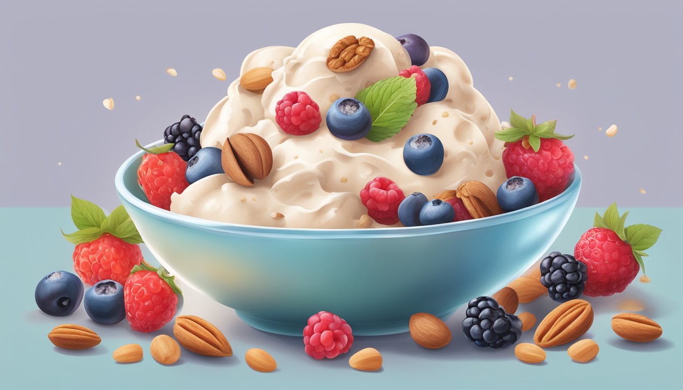 A colorful array of fresh berries and nuts are scattered around a bowl of creamy, diabetic-friendly ice cream, with a sprinkle of cinnamon on top