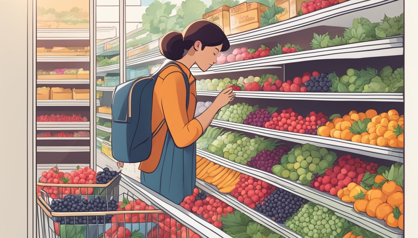 A person carefully selecting fresh berries and low-sugar ingredients from a grocery store shelf