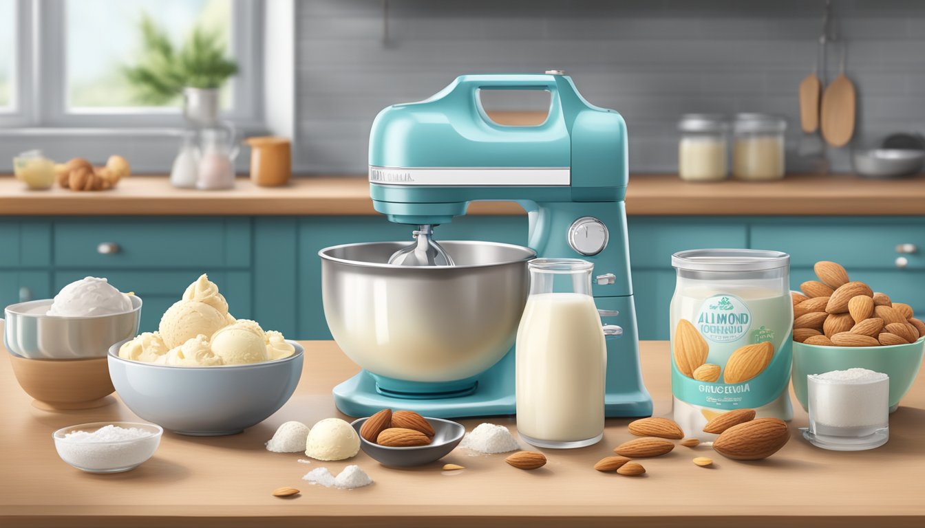 A kitchen counter with a mixing bowl, measuring cups, sugar substitute, vanilla extract, almond milk, and an ice cream maker