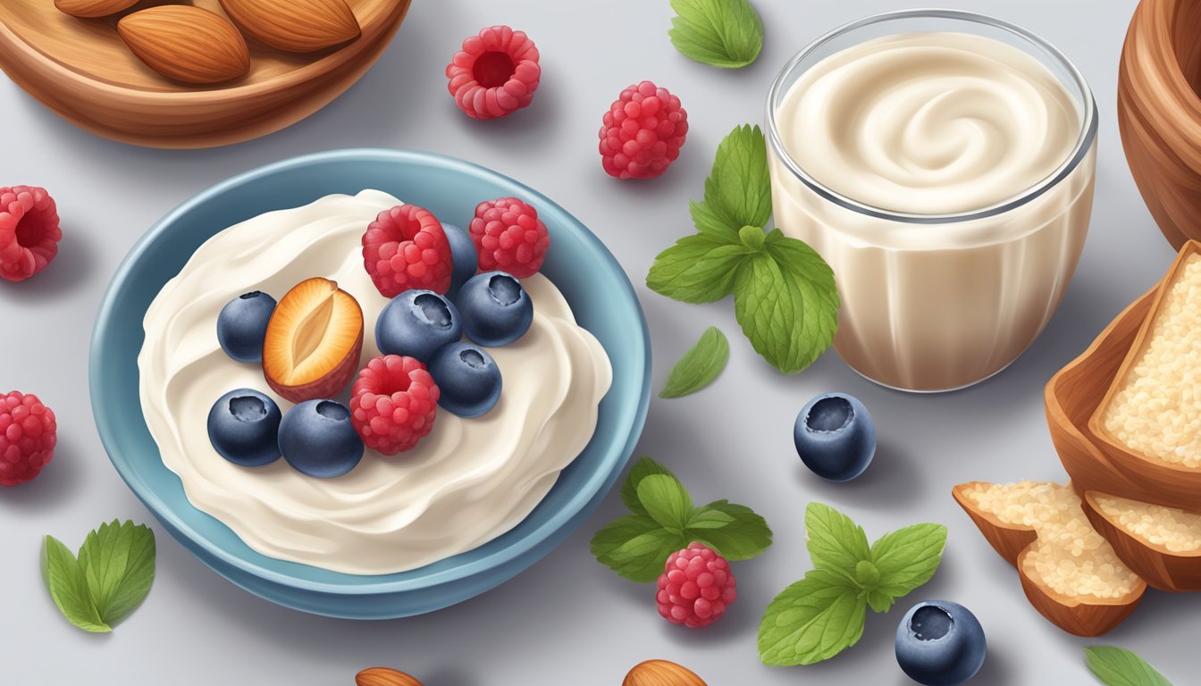 A table with a variety of diabetic-friendly ingredients such as almond flour, stevia, Greek yogurt, and fresh berries