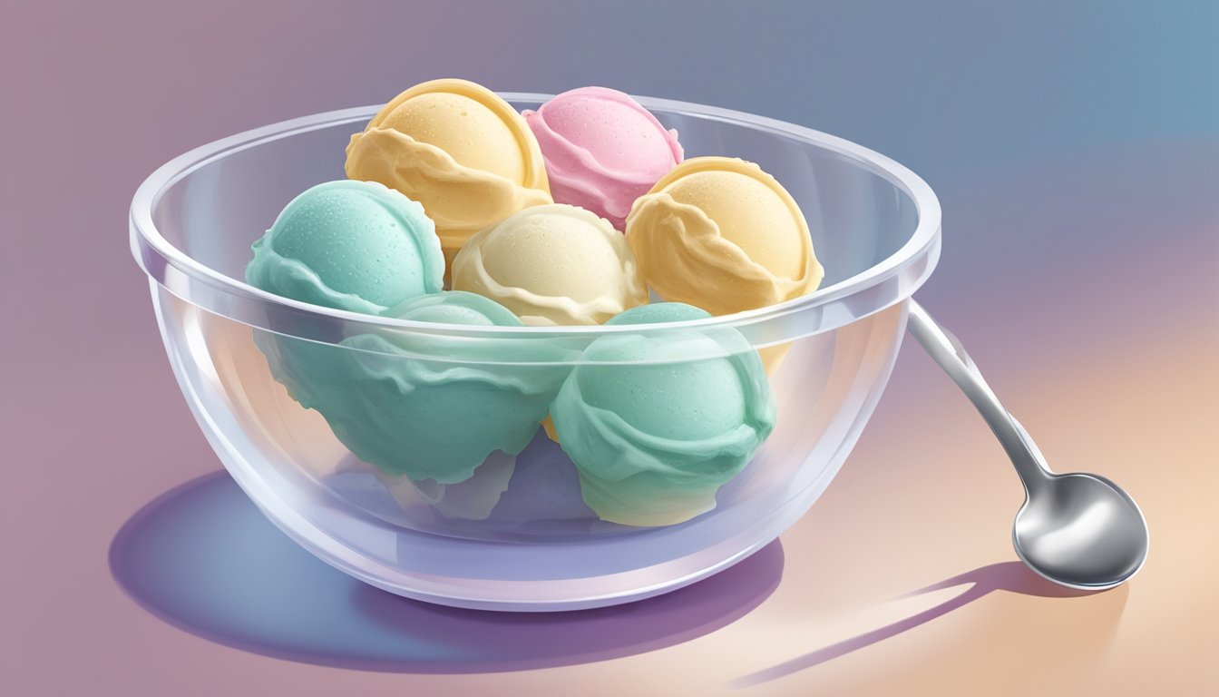 A glass bowl of sugar-free ice cream sits in a freezer. A scoop of ice cream is being served into a small bowl