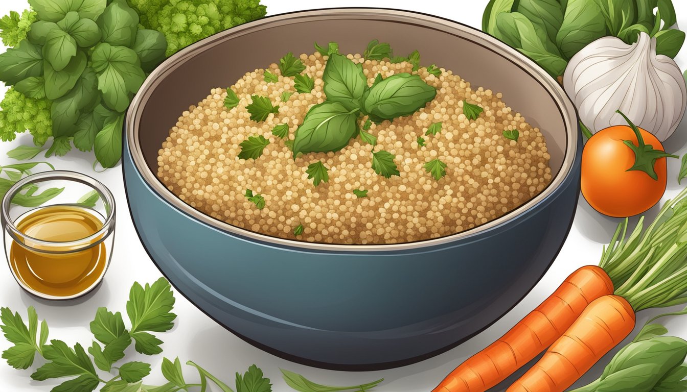 A bowl of cooked quinoa surrounded by fresh vegetables and herbs