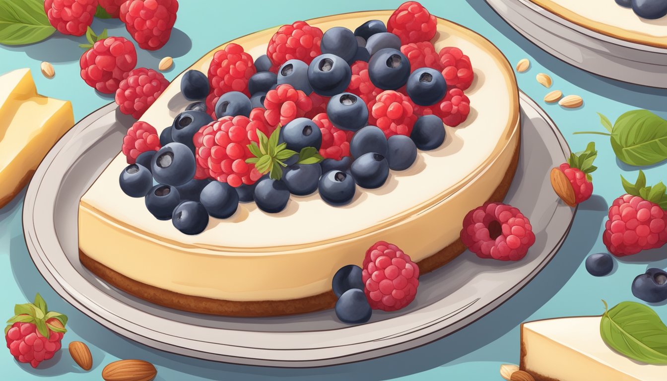 A diabetic-friendly cheesecake recipe surrounded by fresh berries and nuts, with a focus on low-sugar and high-fiber ingredients