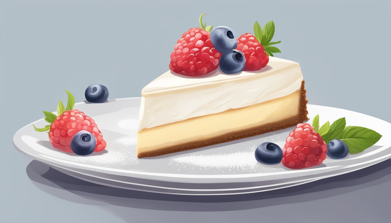 A slice of sugar-free cheesecake on a white dessert plate with a garnish of fresh berries and a dusting of powdered sweetener