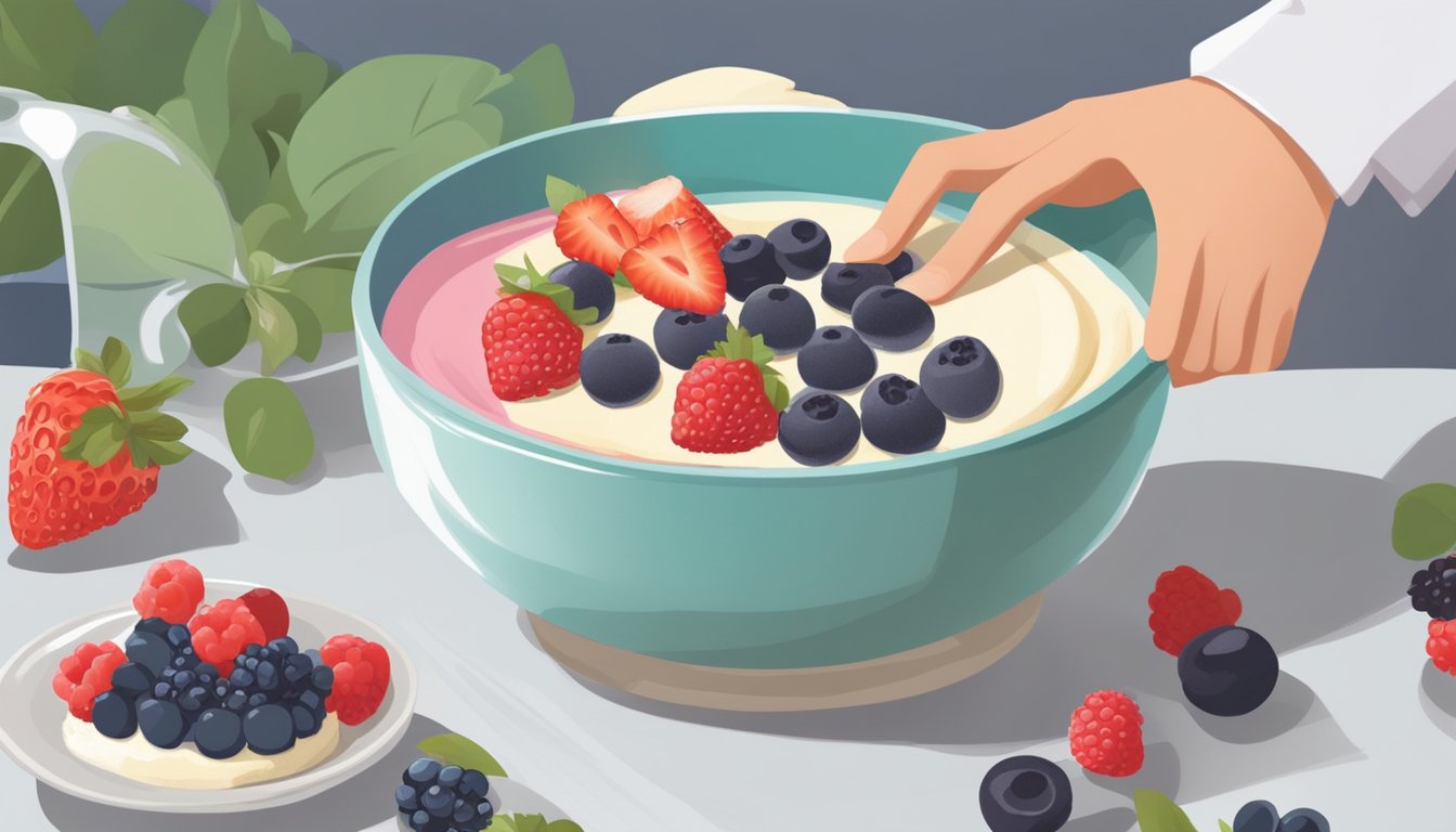 A person adding sugar substitute and fresh berries to a cheesecake batter in a mixing bowl