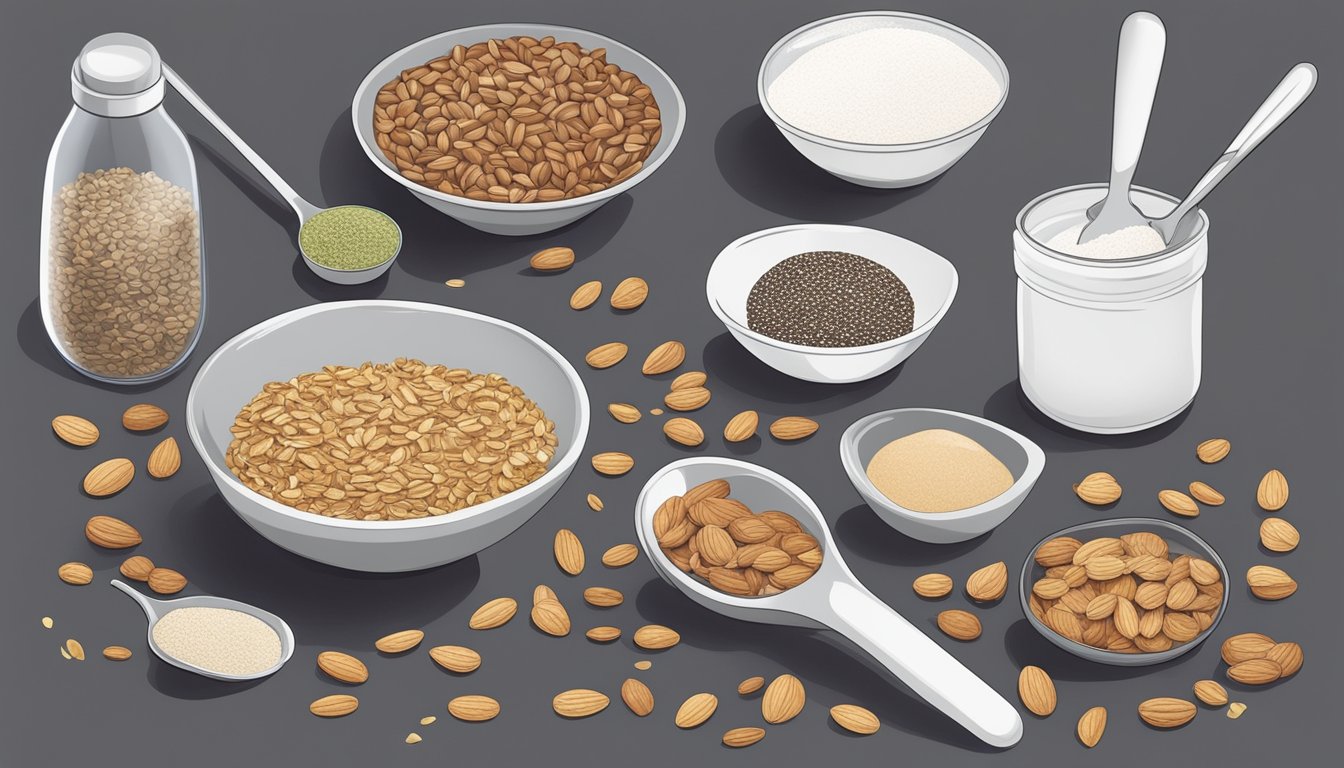 A kitchen counter with ingredients for diabetic granola recipe: oats, nuts, seeds, and sugar-free sweetener. Mixing bowl and measuring spoons nearby